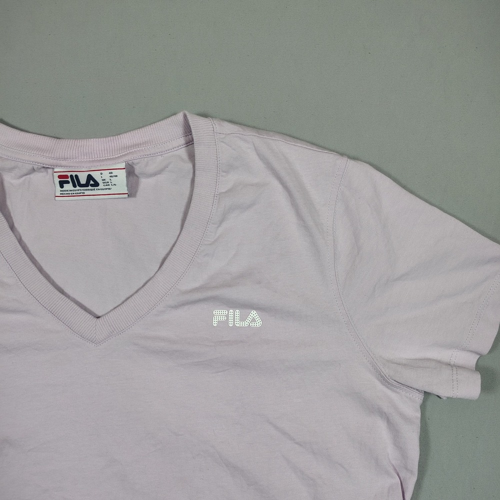 FILA V-Neck T-Shirt Women Large Lavender Rhinestone Logo Solid Cotton P0050269